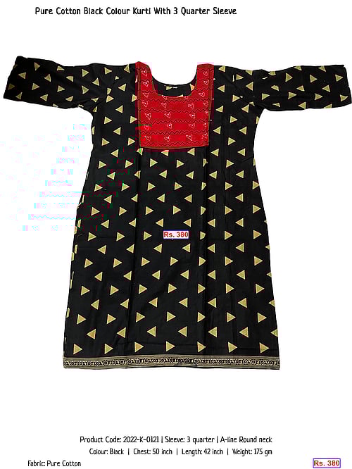Pure Cotton Black Colour Kurti With 3 Quarter Sleeve | Rs. 380