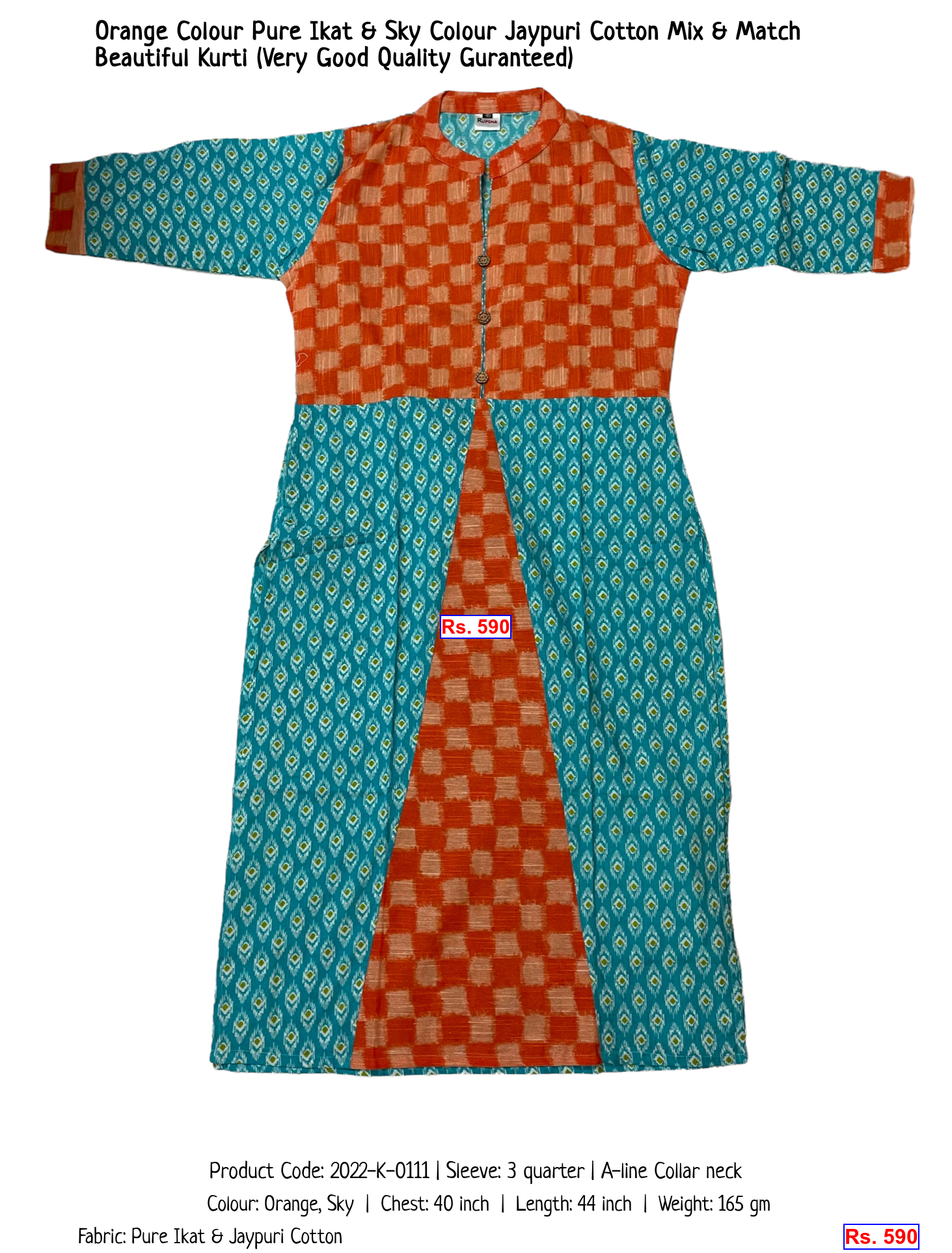 Orange Colour Pure Ikat & Sky Colour Jaypuri Cotton Mix & Match Beautiful Kurti (Very Good Quality Guranteed)