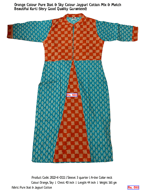 Orange Colour Pure Ikat & Sky Colour Jaypuri Cotton Mix & Match Beautiful Kurti (Very Good Quality Guranteed) | Rs. 590