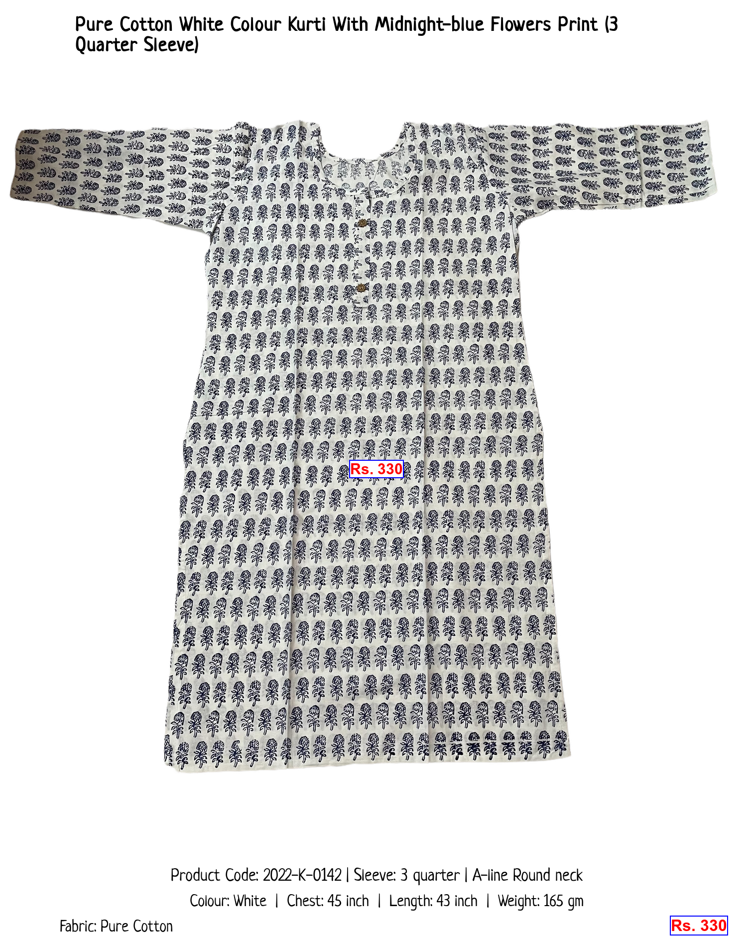 Pure Cotton White Colour Kurti With Midnight-blue Flowers Print (3 Quarter Sleeve)