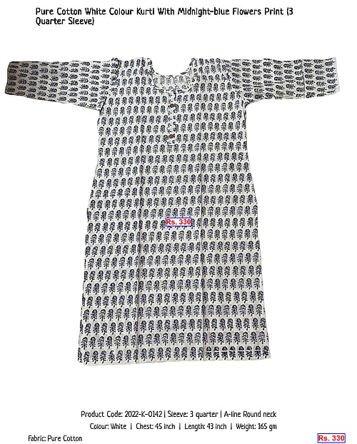 Pure Cotton White Colour Kurti With Midnight-blue Flowers Print (3 Quarter Sleeve) | Rs. 330