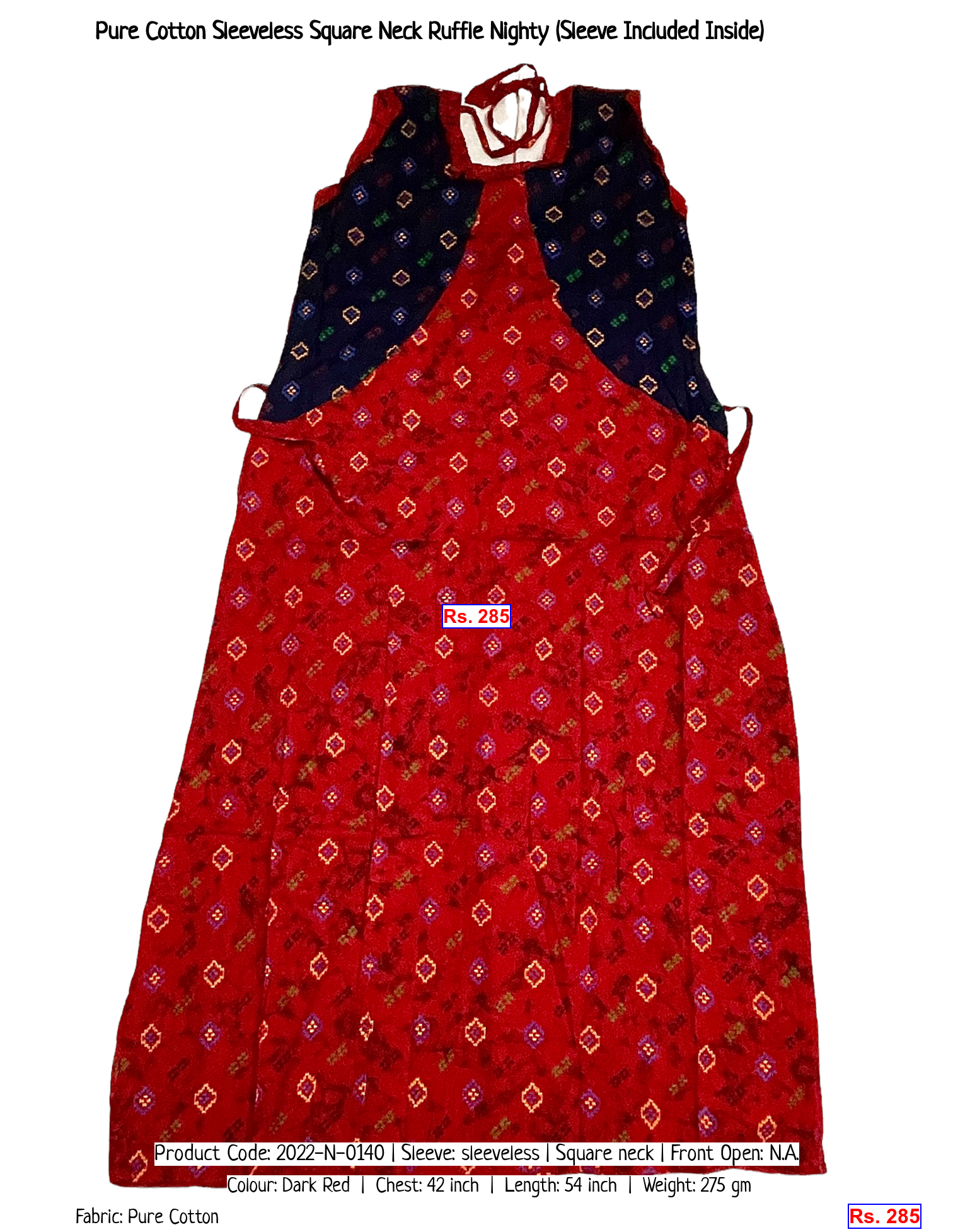 Pure Cotton Sleeveless Square Neck Ruffle Nighty (Sleeve Included Inside)