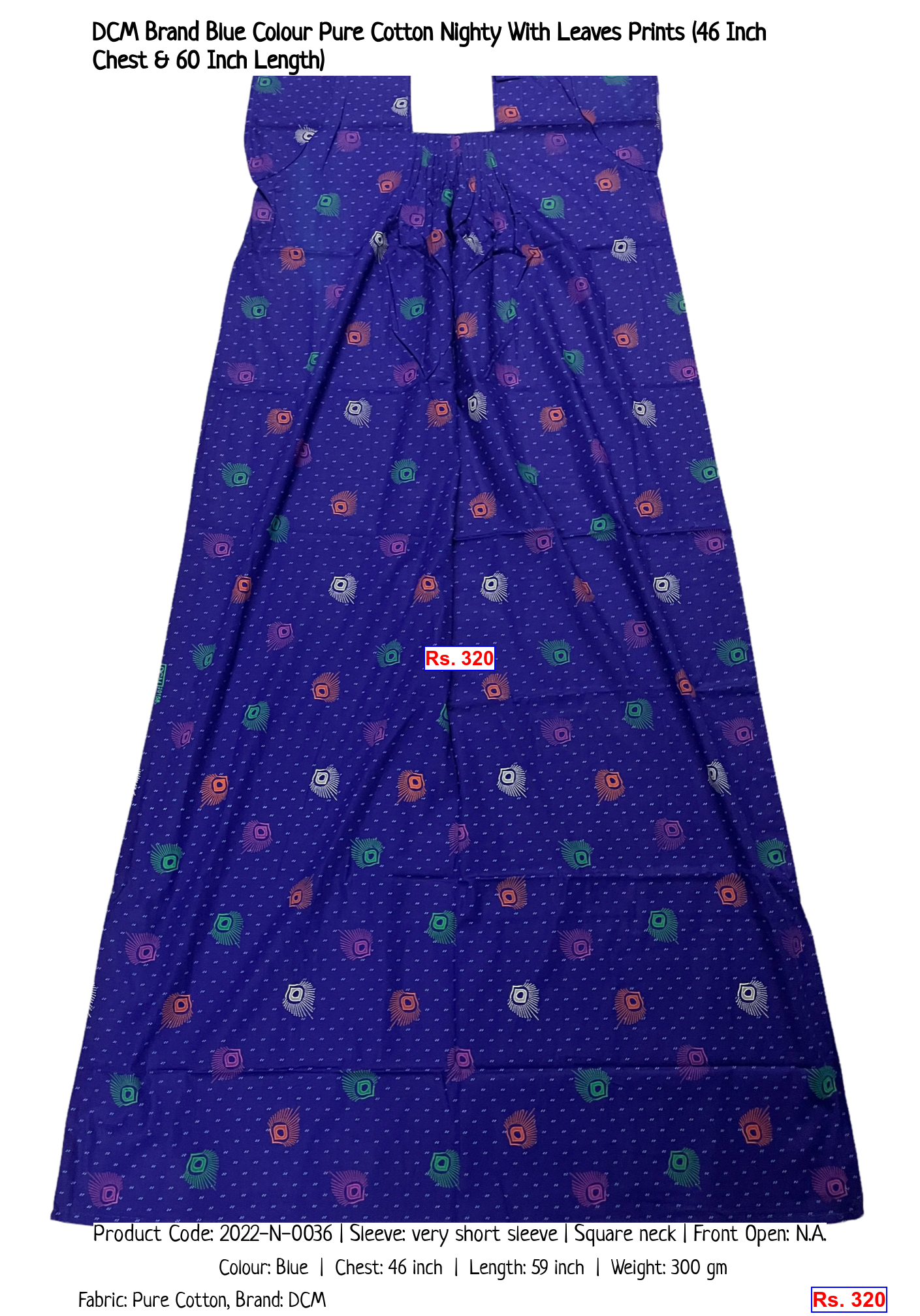 DCM Brand Blue Colour Pure Cotton Nighty With Leaves Prints (46 Inch Chest & 60 Inch Length)