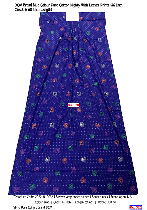 DCM Brand Blue Colour Pure Cotton Nighty With Leaves Prints (46 Inch Chest & 60 Inch Length) | Rs. 320