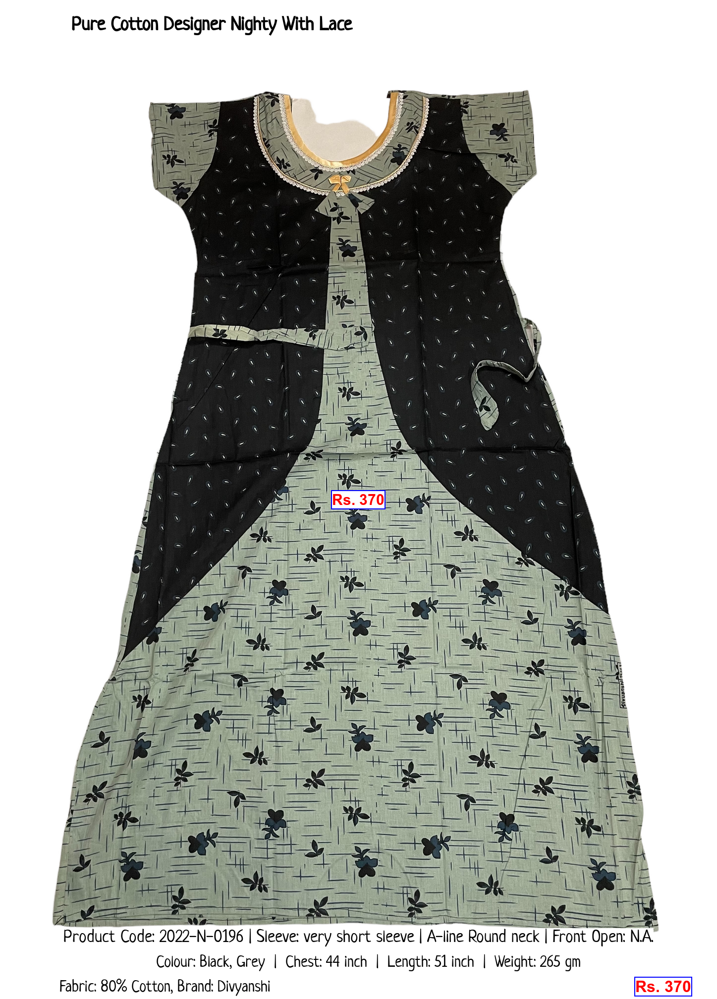 Pure Cotton Designer Nighty With Lace