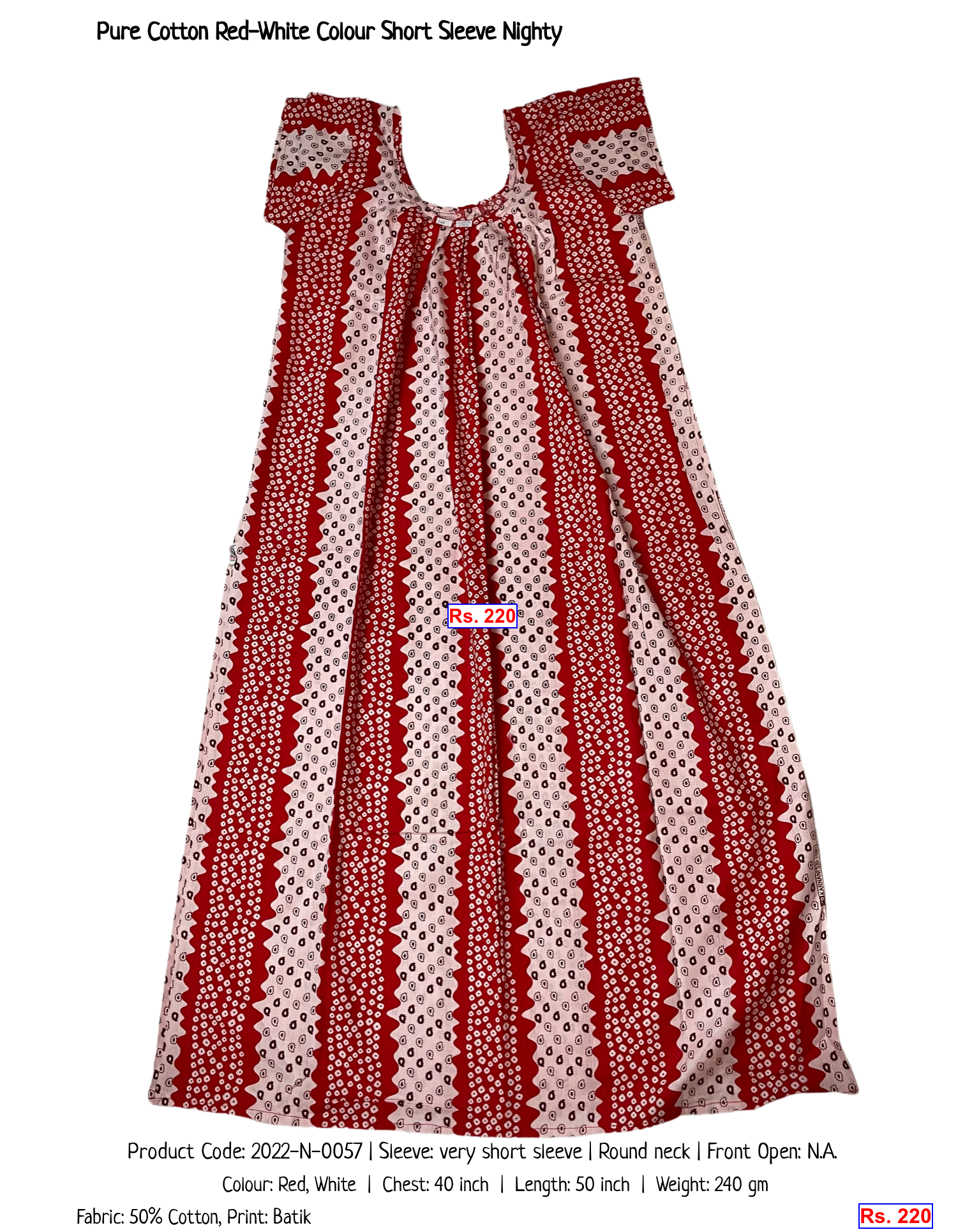 Pure Cotton Red-White Colour Short Sleeve Nighty