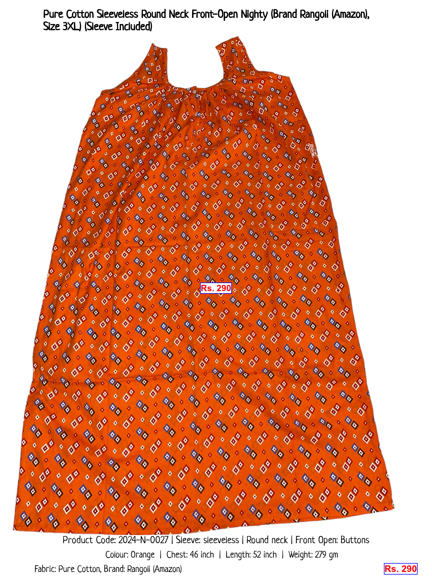 Pure Cotton Sleeveless Round Neck Front-Open Nighty (Brand Rangoli (Amazon), Size 3XL) (Sleeve Included)