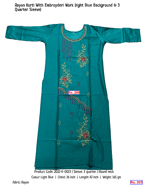 27-rayon-kurti-with-embroyderi-work-light-blue-background-3-quarter-sleeve | Rs. 205