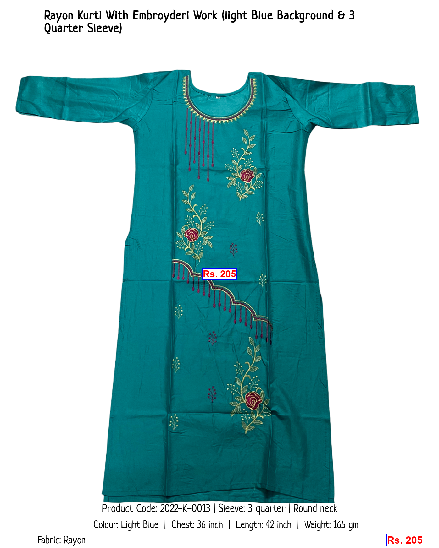 Rayon Kurti With Embroyderi Work (light Blue Background & 3 Quarter Sleeve)