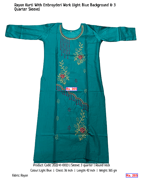 Rayon Kurti With Embroyderi Work (light Blue Background & 3 Quarter Sleeve) | Rs. 205