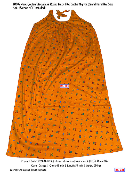 100% Pure Cotton Sleeveless Round Neck Fite Badha Nighty (Brand Harshita, Size 3XL) (Sleeve NOT Included) | Rs. 325