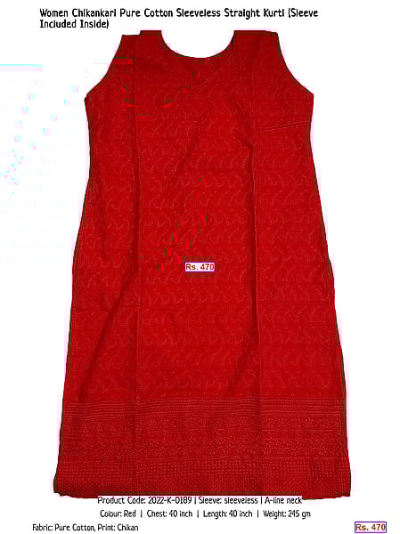 368-women-chikankari-pure-cotton-sleeveless-straight-kurti-sleeve-included-inside | Rs. 470