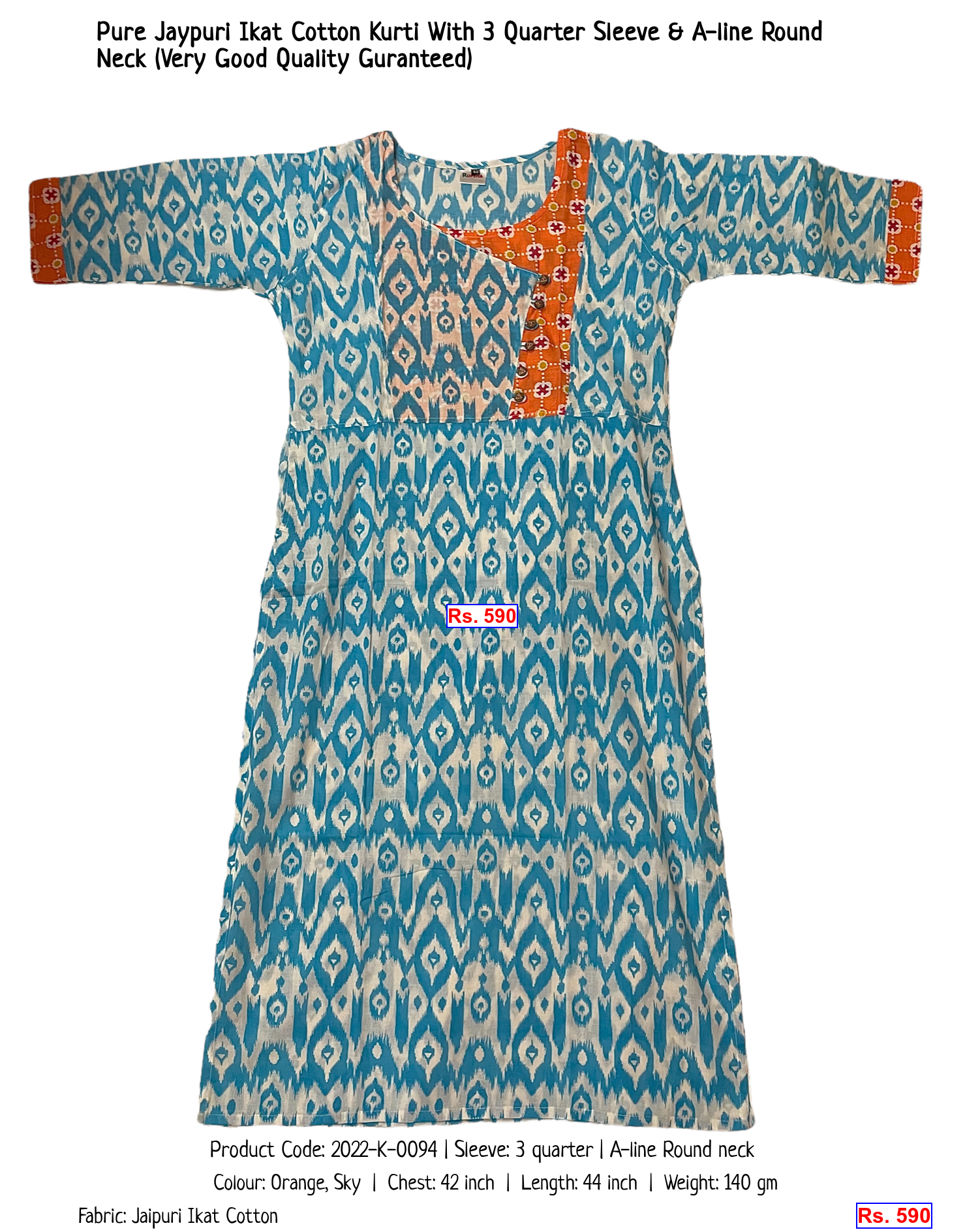 Pure Jaypuri Ikat Cotton Kurti With 3 Quarter Sleeve & A-line Round Neck (Very Good Quality Guranteed)