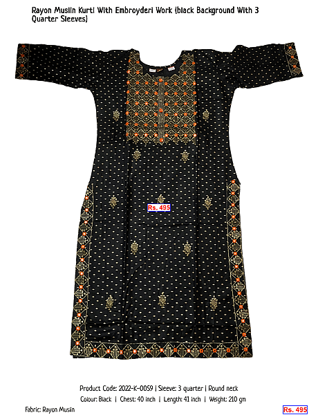 71-rayon-muslin-kurti-with-embroyderi-work-black-background-with-3-quarter-sleeves | Rs. 495