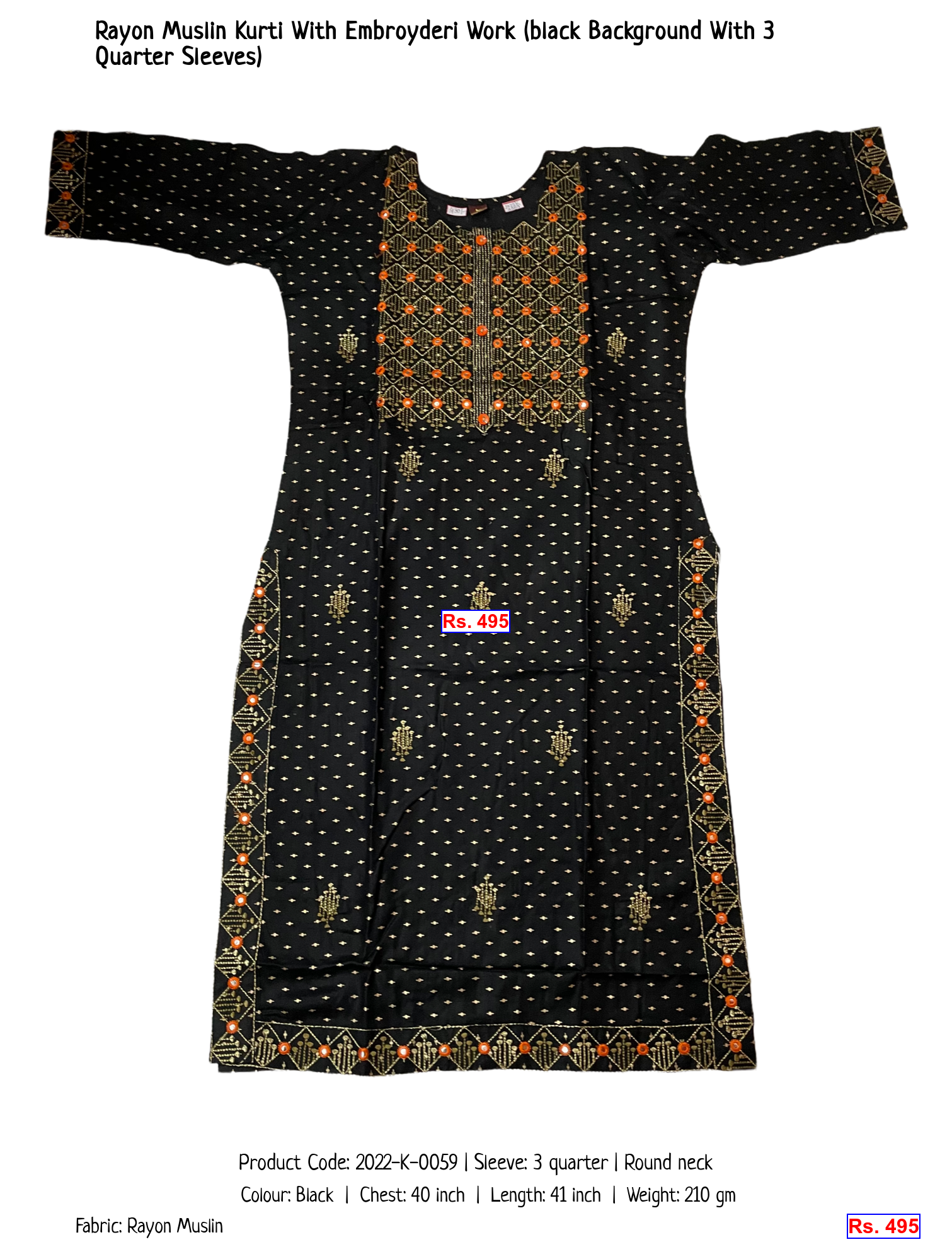 Rayon Muslin Kurti With Embroyderi Work (black Background With 3 Quarter Sleeves)