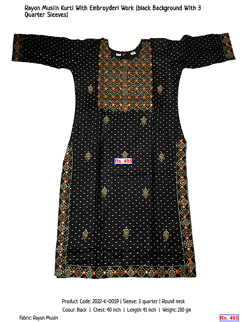Rayon Muslin Kurti With Embroyderi Work (black Background With 3 Quarter Sleeves) | Rs. 495