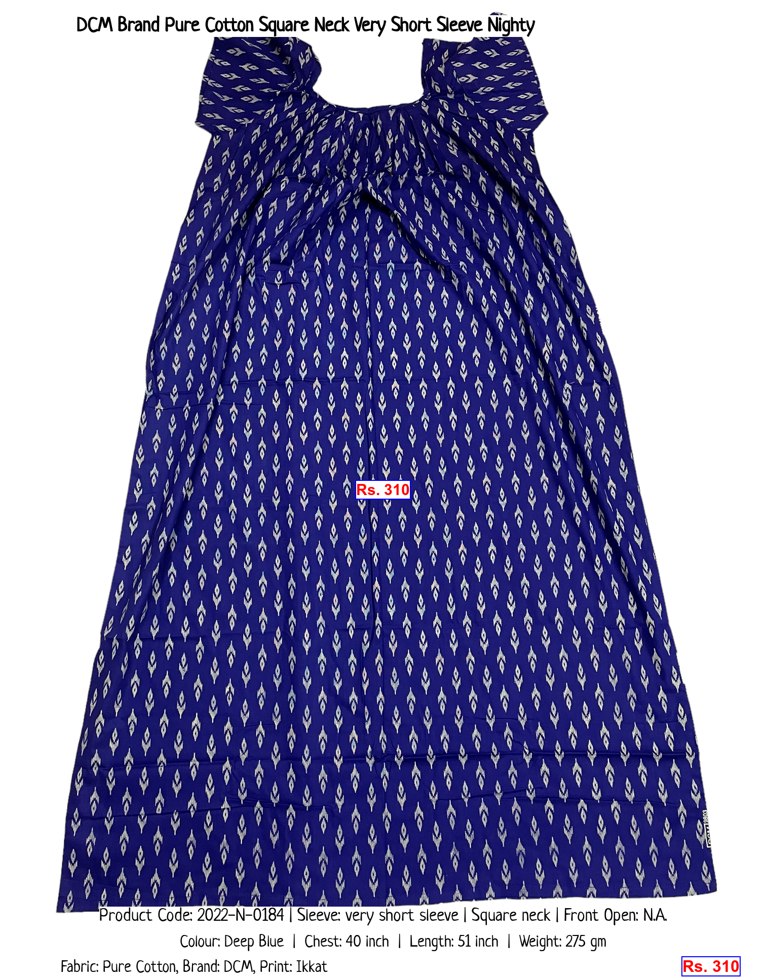 DCM Brand Pure Cotton Square Neck Very Short Sleeve Nighty