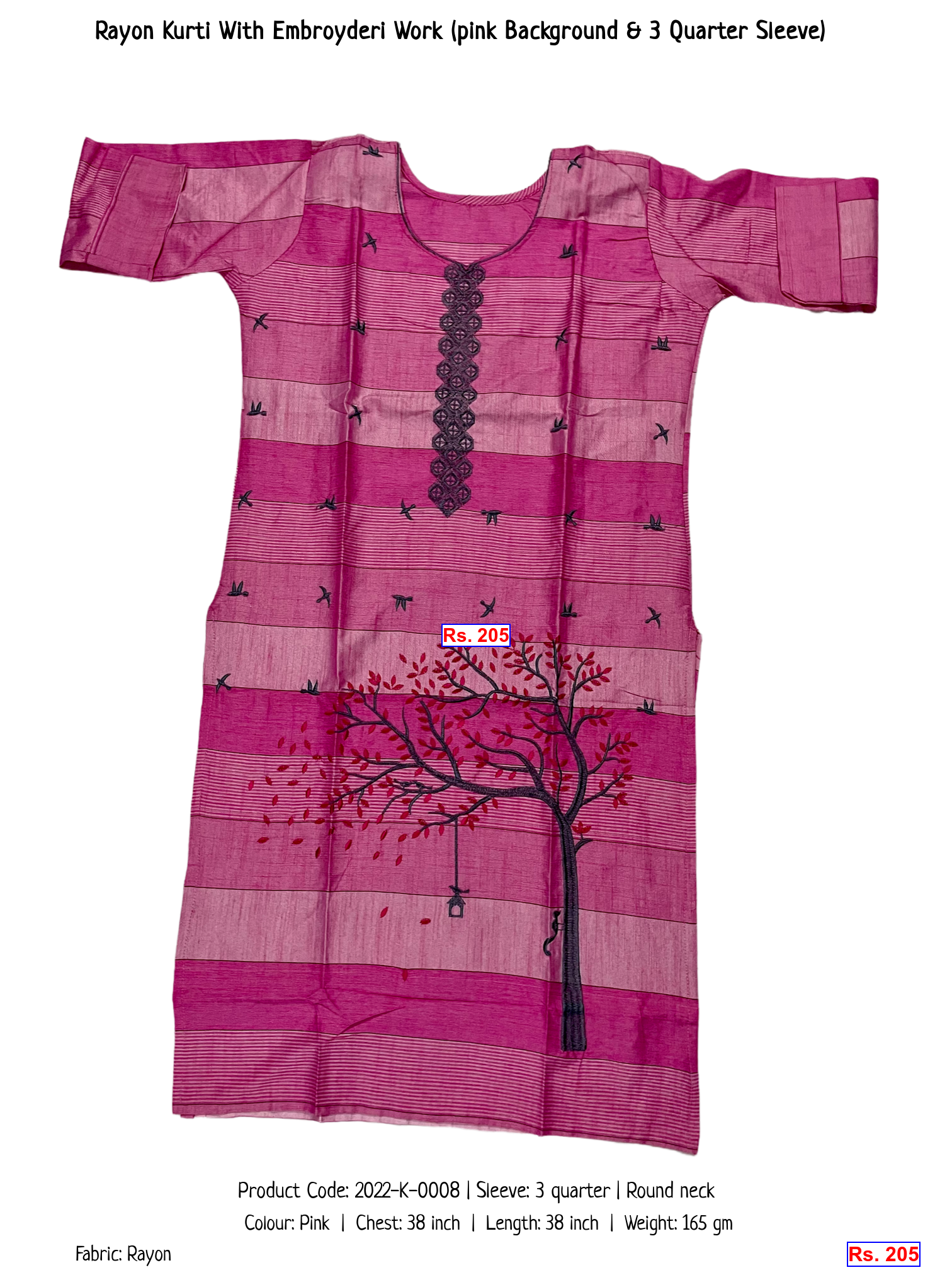 Rayon Kurti With Embroyderi Work (pink Background & 3 Quarter Sleeve)
