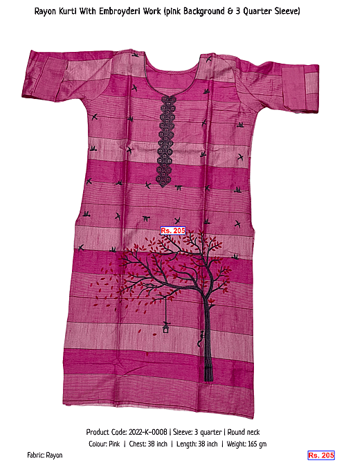 Rayon Kurti With Embroyderi Work (pink Background & 3 Quarter Sleeve) | Rs. 205