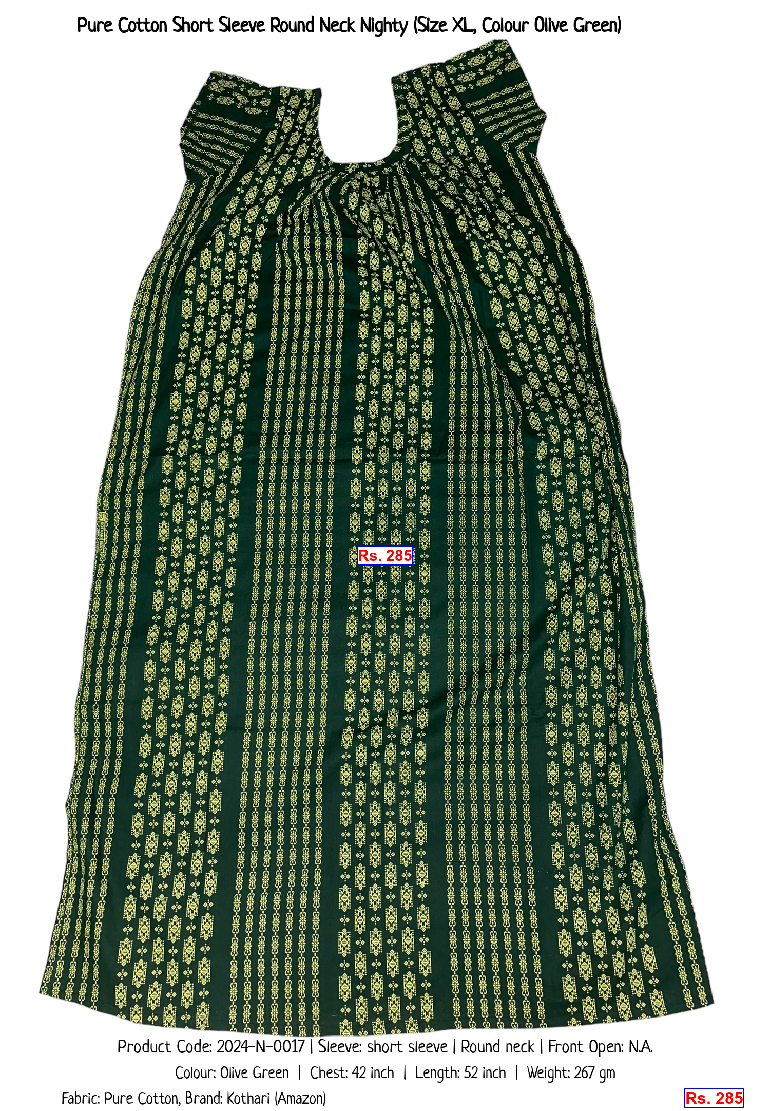 Pure Cotton Short Sleeve Round Neck Nighty (Size XL, Colour Olive Green)