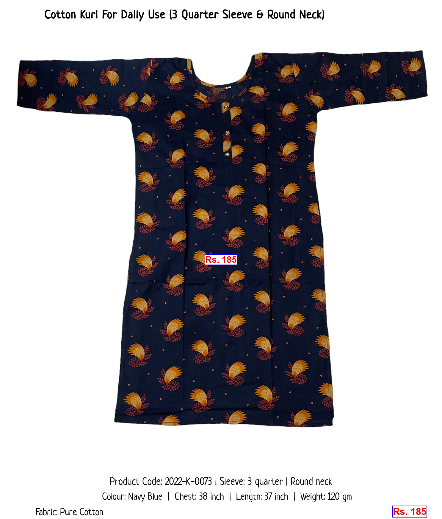 Cotton Kuri For Daily Use (3 Quarter Sleeve & Round Neck)