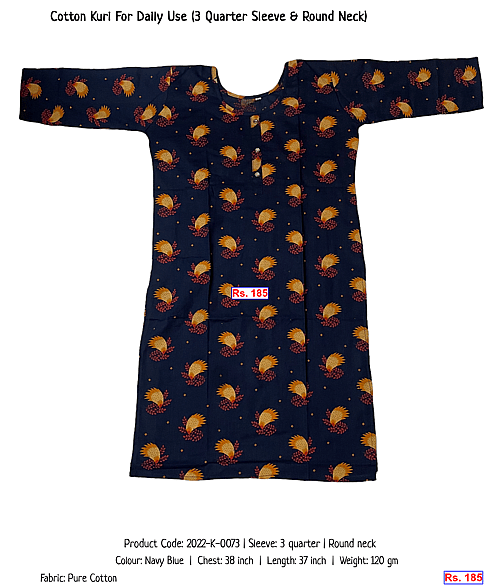 Cotton Kuri For Daily Use (3 Quarter Sleeve & Round Neck) | Rs. 185