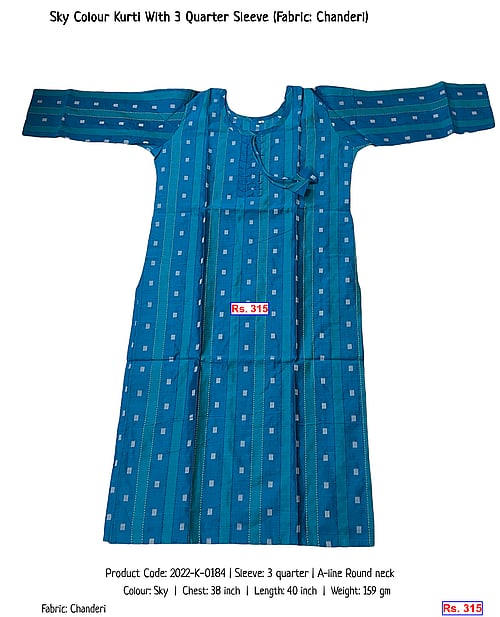 Sky Colour Kurti With 3 Quarter Sleeve (Fabric: Chanderi) | Rs. 315