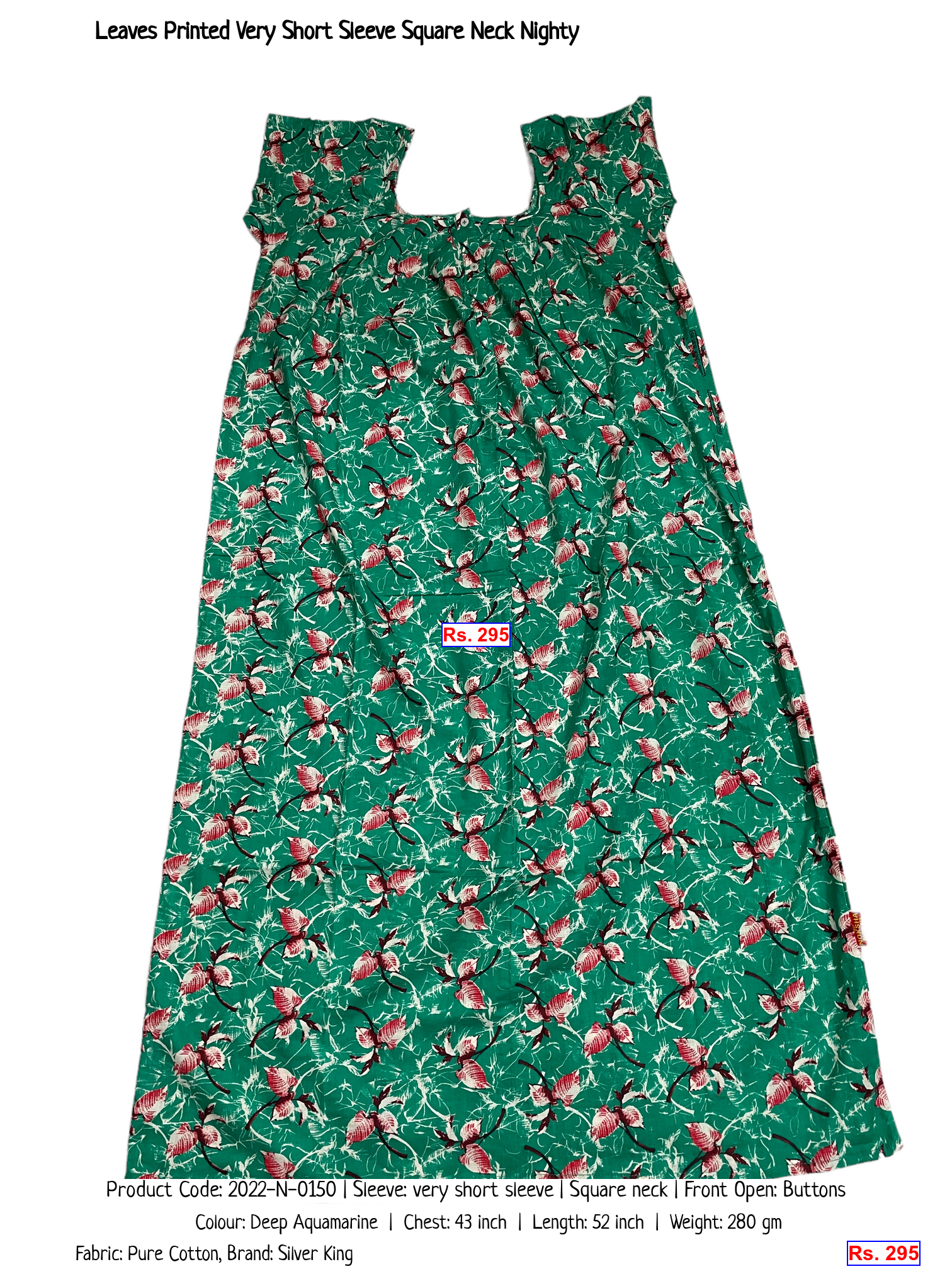 Leaves Printed Very Short Sleeve Square Neck Nighty