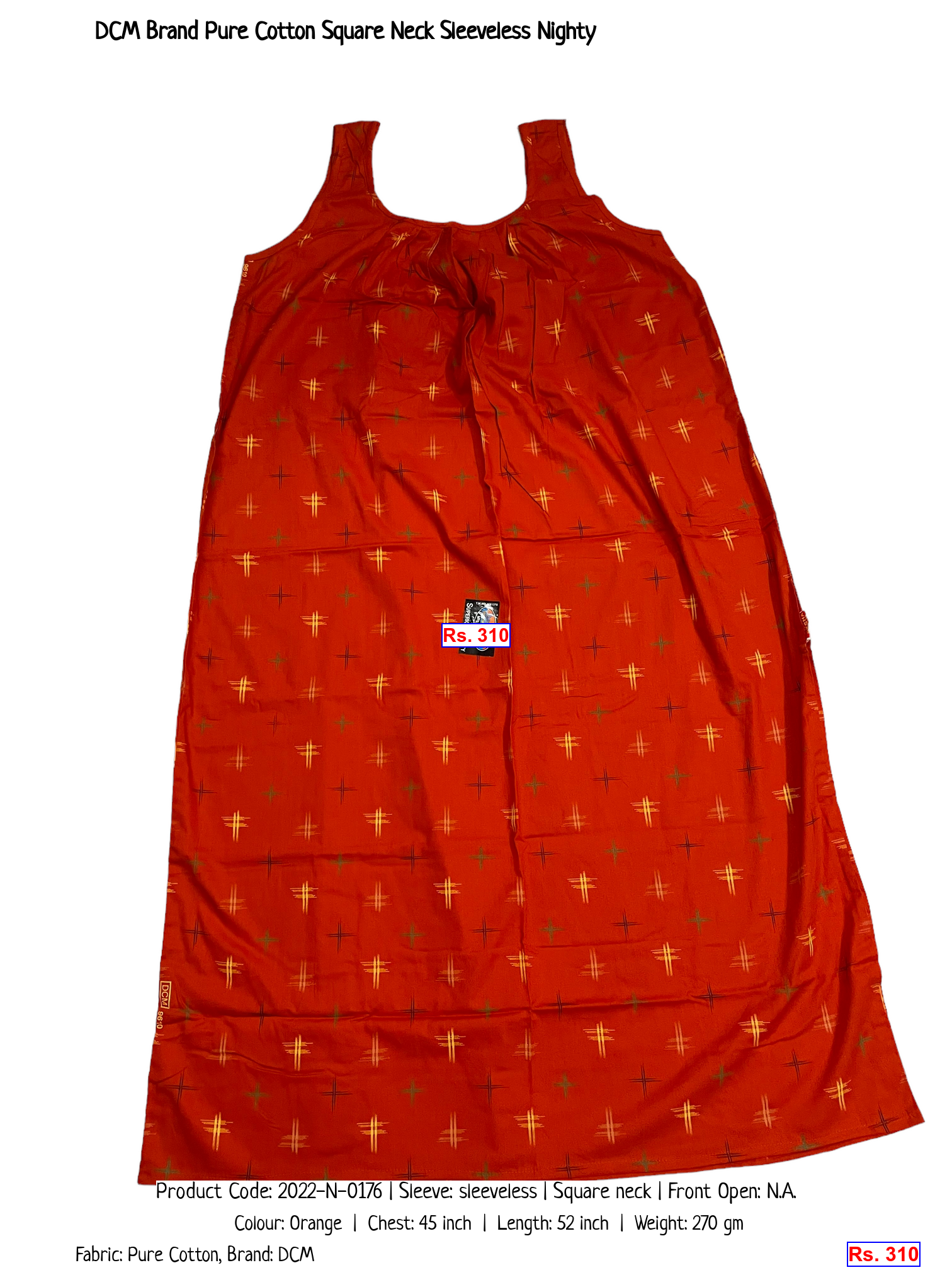 DCM Brand Pure Cotton Square Neck Sleeveless Nighty