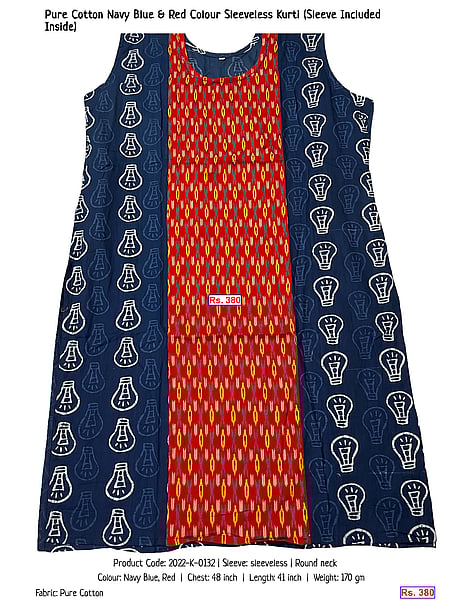 291-pure-cotton-navy-blue-red-colour-sleeveless-kurti-sleeve-included-inside | Rs. 380