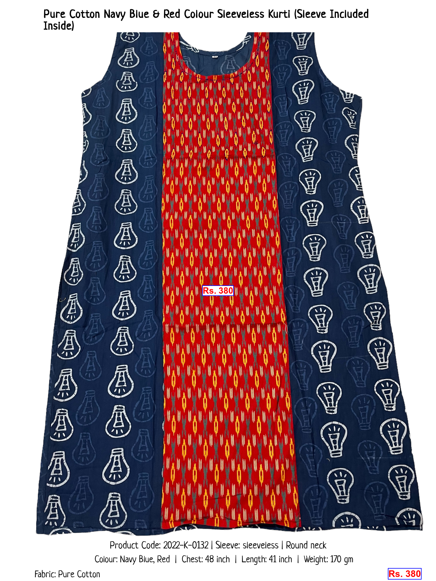 Pure Cotton Navy Blue & Red Colour Sleeveless Kurti (Sleeve Included Inside)