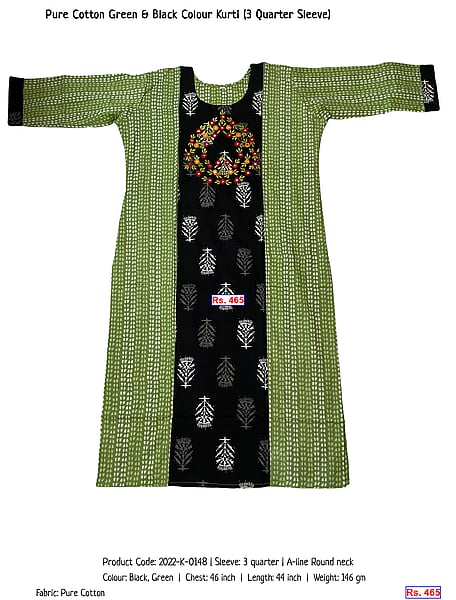 307-pure-cotton-green-black-colour-kurti-3-quarter-sleeve | Rs. 465