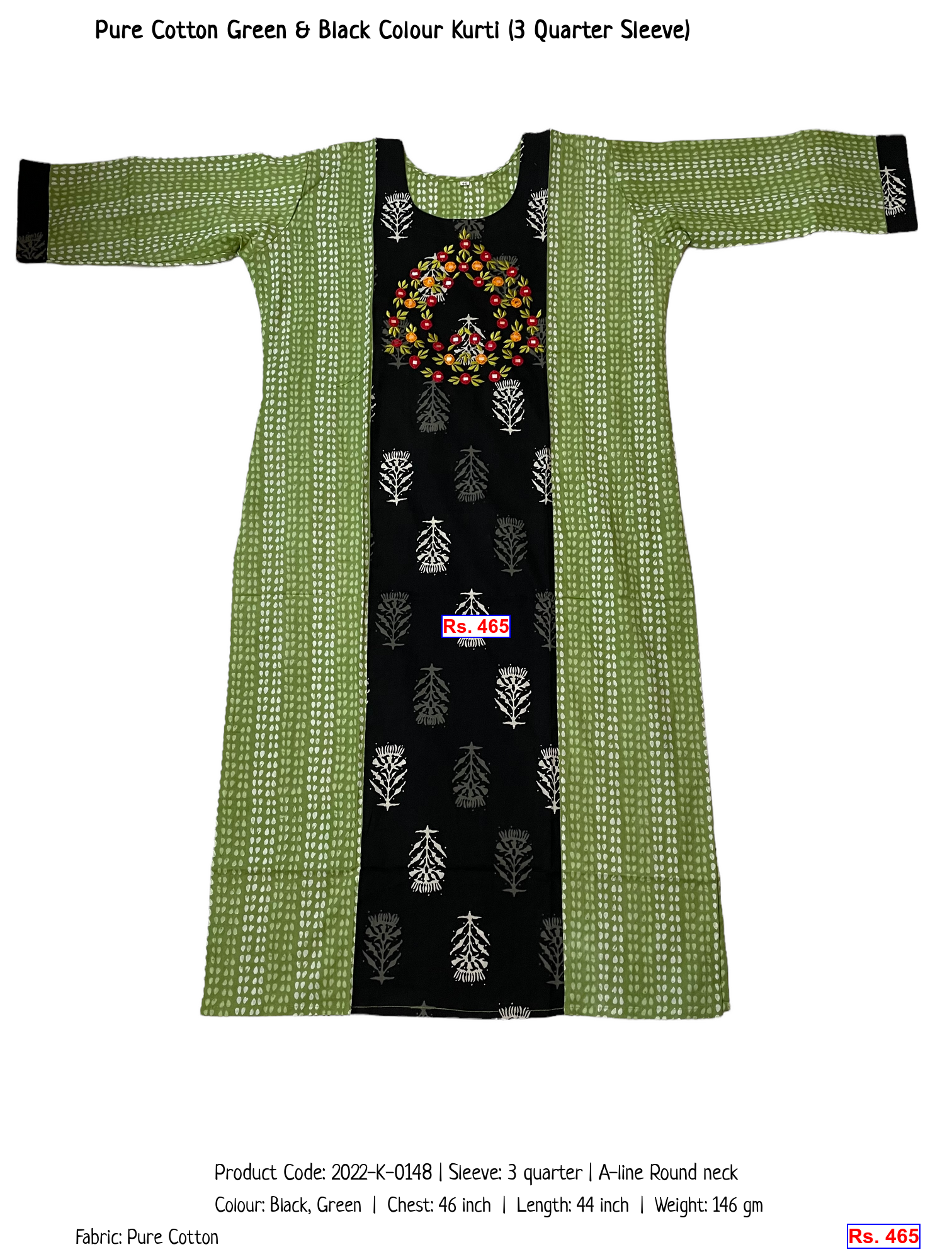 Pure Cotton Green & Black Colour Kurti (3 Quarter Sleeve)