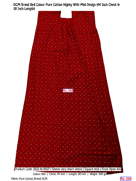 102-dcm-brand-red-colour-pure-cotton-nighty-with-mini-design-44-inch-chest-59-inch-length | Rs. 320