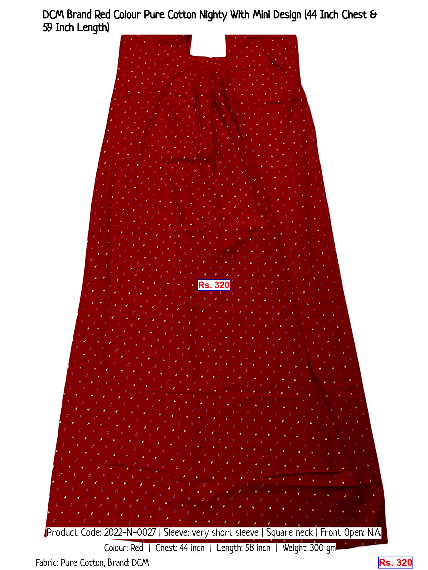 DCM Brand Red Colour Pure Cotton Nighty With Mini Design (44 Inch Chest & 59 Inch Length)