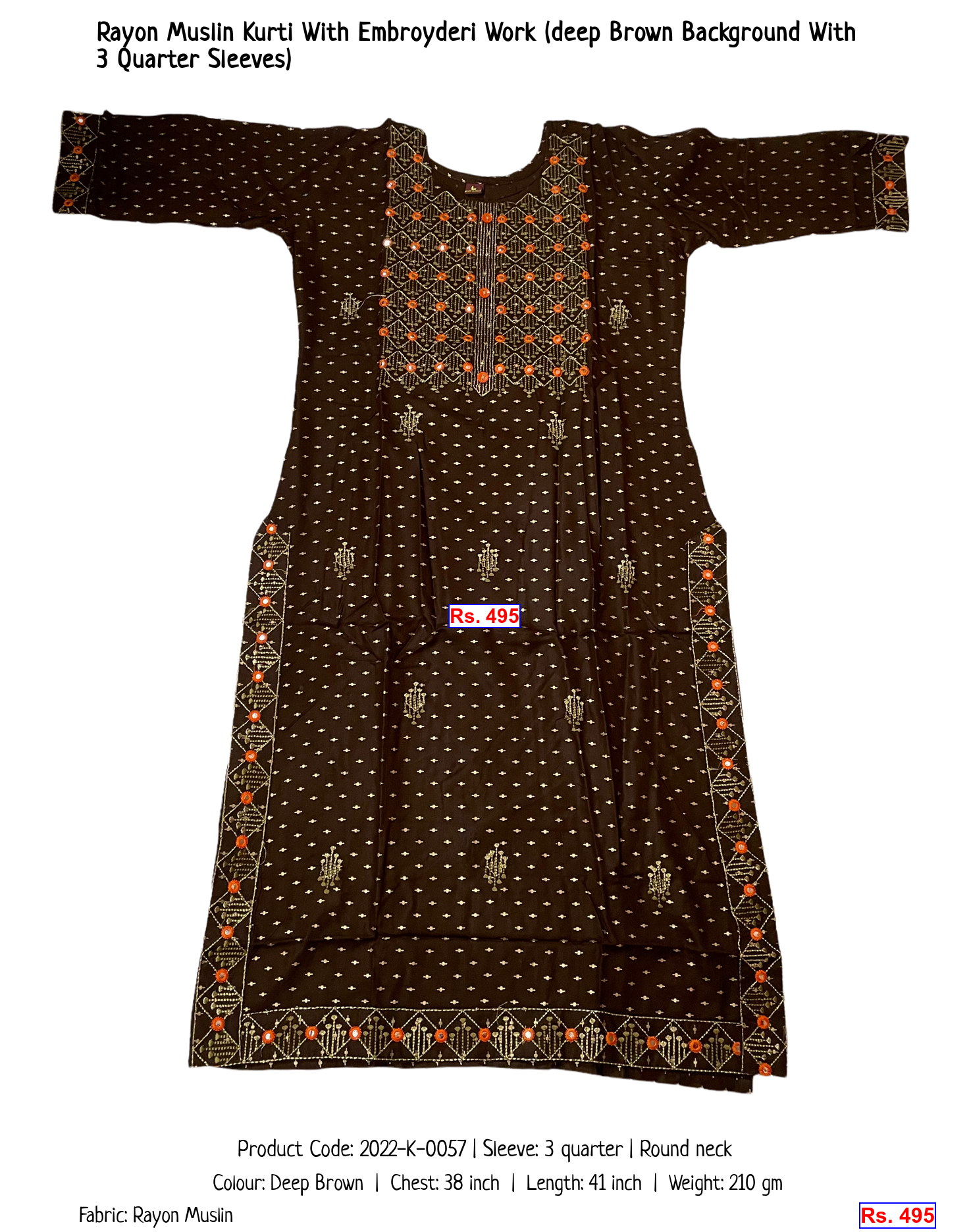 Rayon Muslin Kurti With Embroyderi Work (deep Brown Background With 3 Quarter Sleeves)