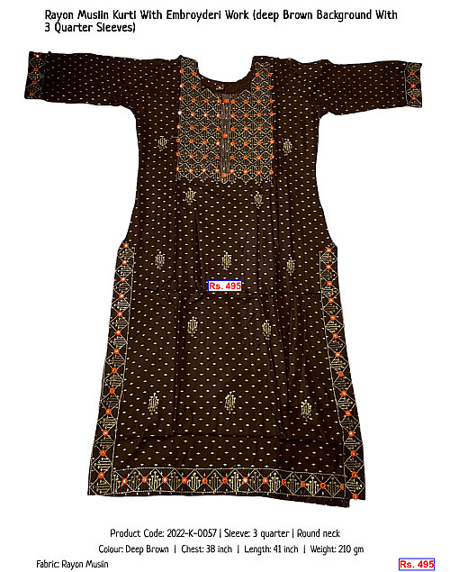 Rayon Muslin Kurti With Embroyderi Work (deep Brown Background With 3 Quarter Sleeves) | Rs. 495