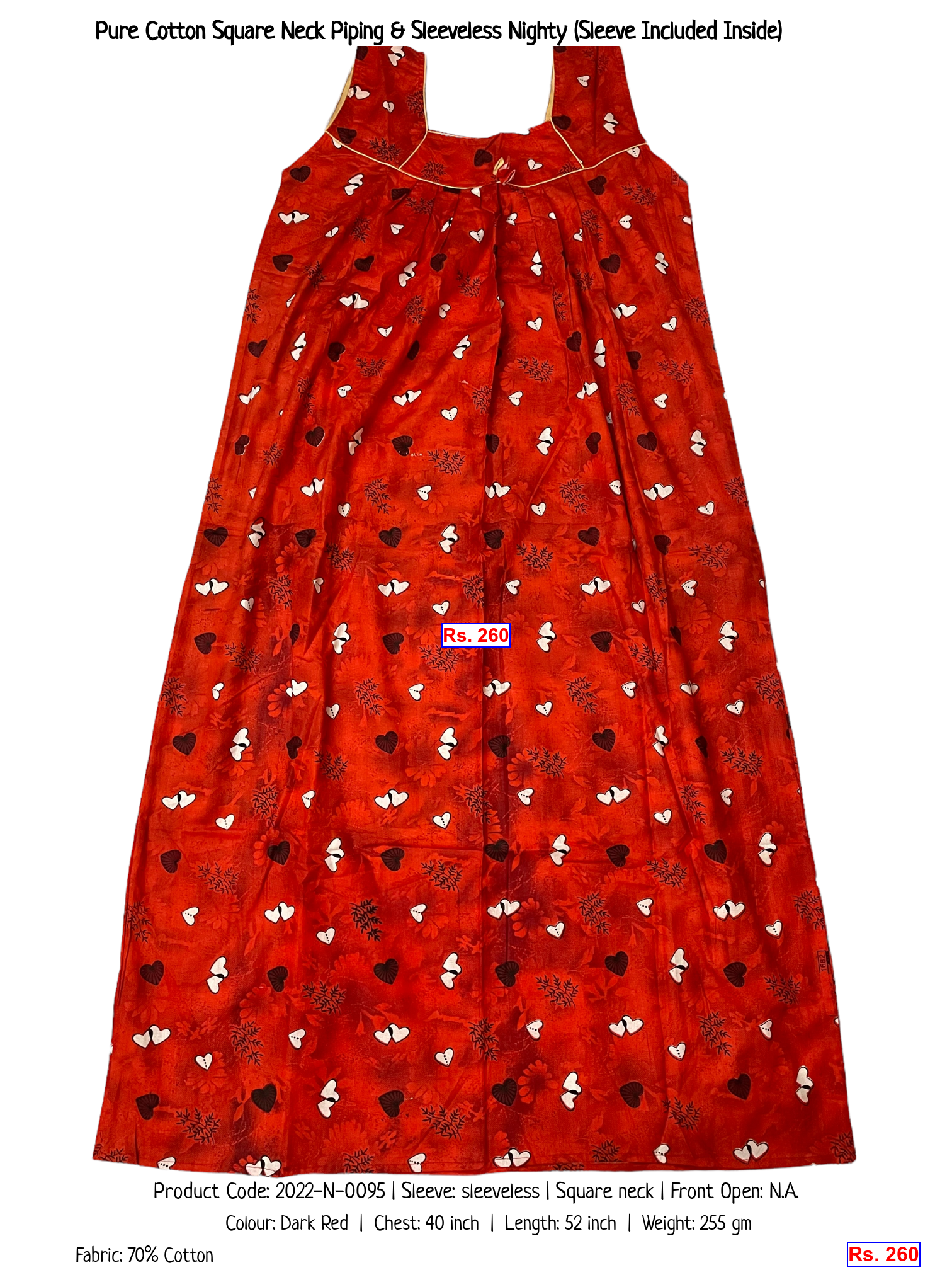 Pure Cotton Square Neck Piping & Sleeveless Nighty (Sleeve Included Inside)