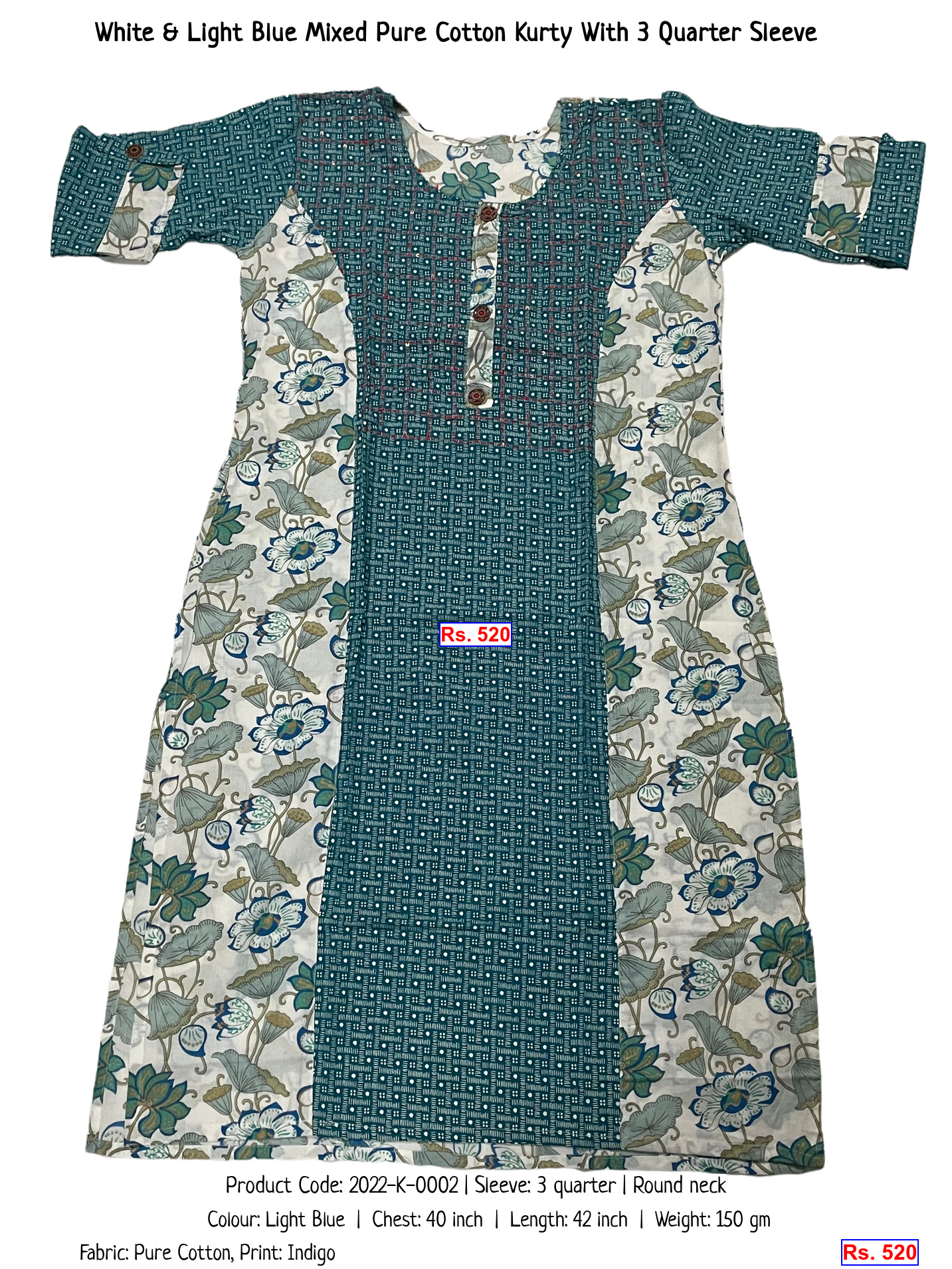 White & Light Blue Mixed Pure Cotton Kurty With 3 Quarter Sleeve