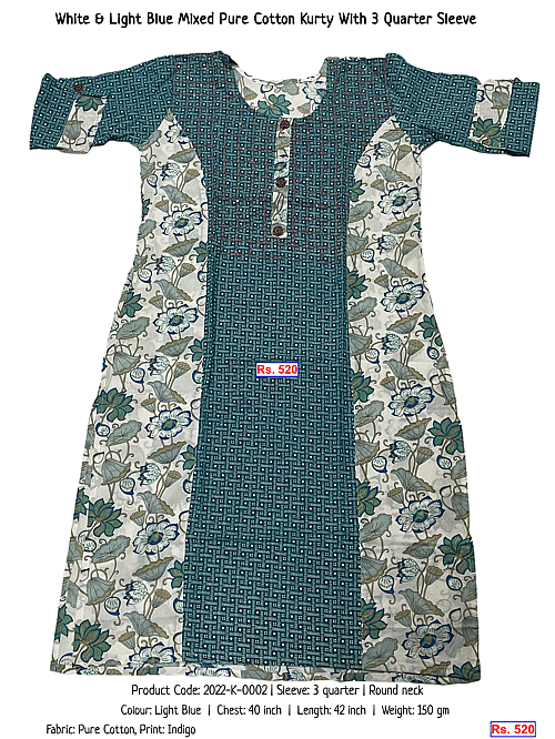 White & Light Blue Mixed Pure Cotton Kurty With 3 Quarter Sleeve | Rs. 520