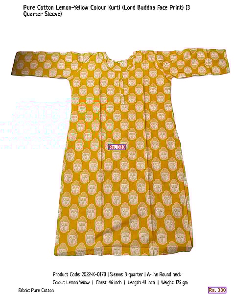 337-pure-cotton-lemon-yellow-colour-kurti-lord-buddha-face-print-3-quarter-sleeve | Rs. 330