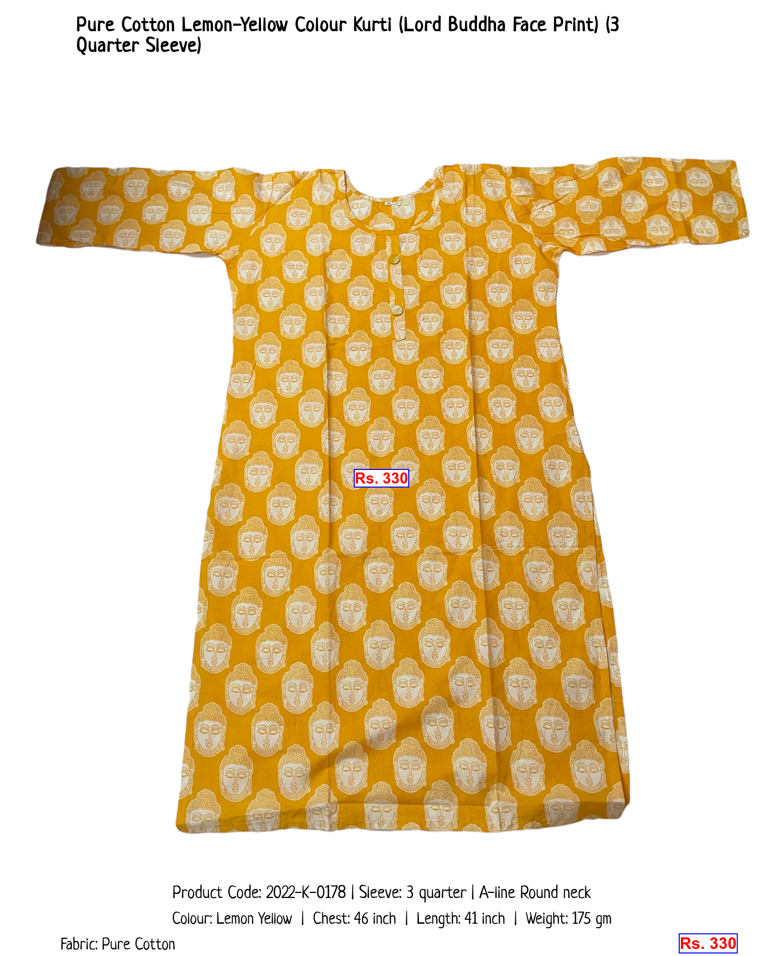 Pure Cotton Lemon-Yellow Colour Kurti (Lord Buddha Face Print) (3 Quarter Sleeve)