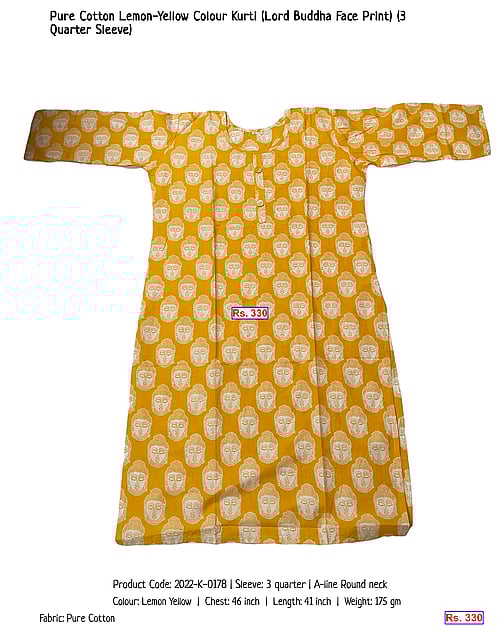 Pure Cotton Lemon-Yellow Colour Kurti (Lord Buddha Face Print) (3 Quarter Sleeve) | Rs. 330