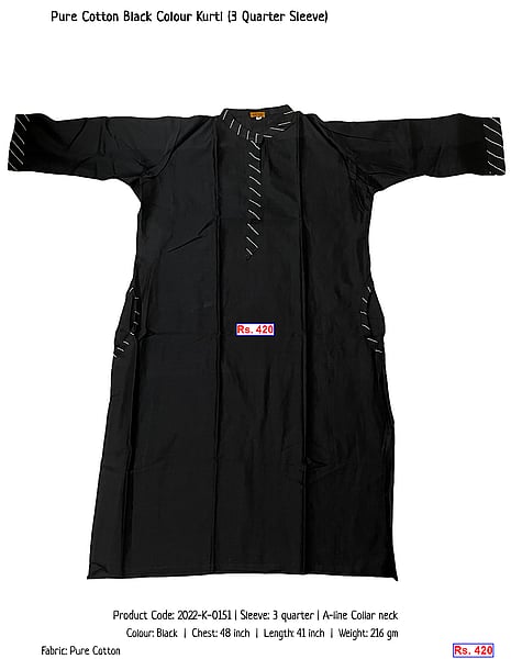 310-pure-cotton-black-colour-kurti-3-quarter-sleeve | Rs. 420
