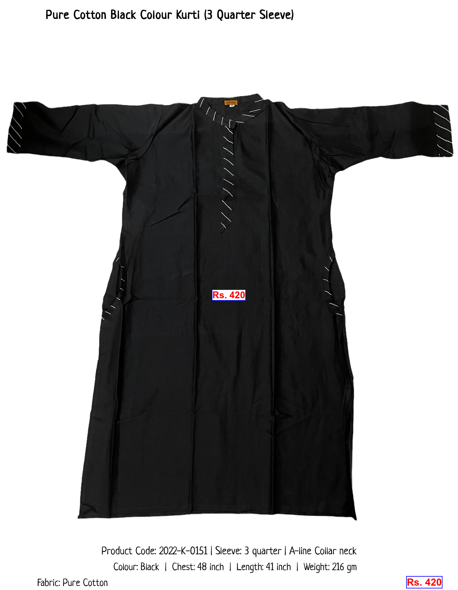 Pure Cotton Black Colour Kurti (3 Quarter Sleeve)