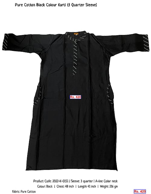 Pure Cotton Black Colour Kurti (3 Quarter Sleeve) | Rs. 420